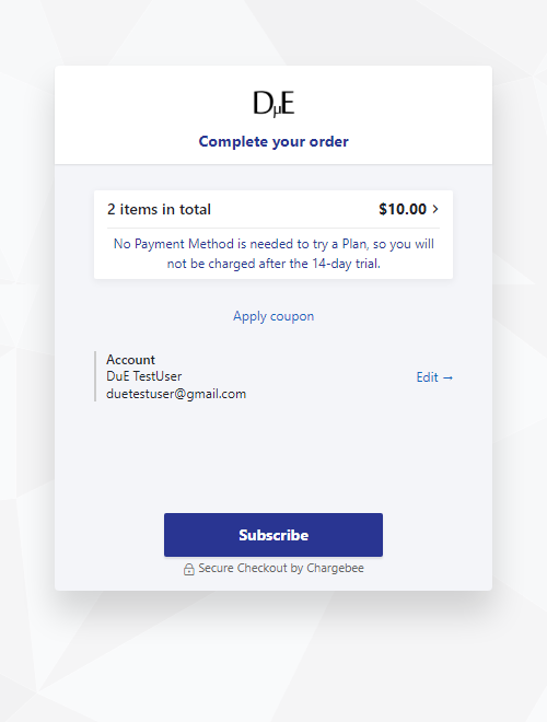 Complete your order: Showing total price of $10 and "Subscribe" button to the bottom.