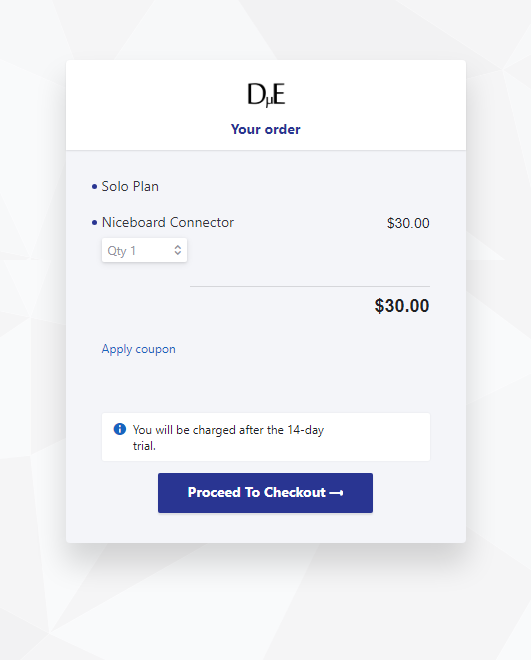 Your Order: Solo Plan without price. Niceboard Connector showing quantity adjustment and $30 price. "Proceed to Checkout" button at the bottom.