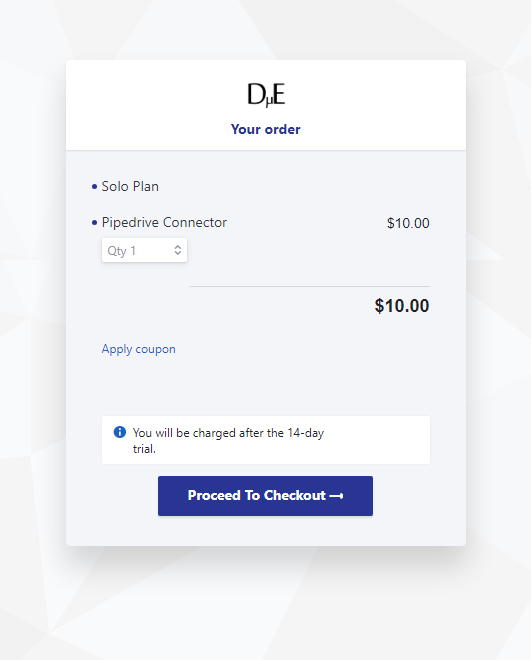 Your Order: Solo Plan without price. Pipedrive Connector showing quantity adjustment and $10 price. "Proceed to Checkout" button at the bottom.